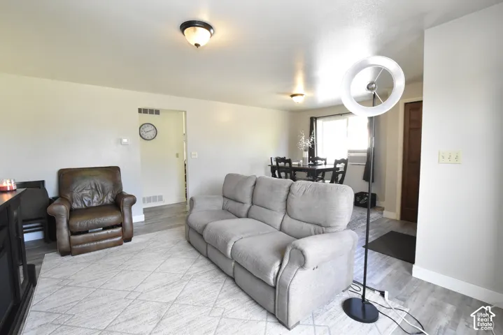Living area featuring light gray wall paint, wood-finish flooring, and two ceiling-mounted dome light fixtures