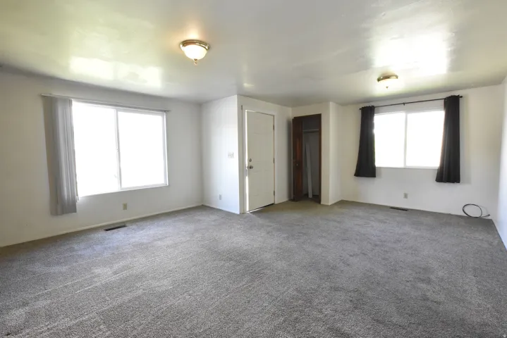 Spacious room featuring gray carpeting, white walls, two windows with vertical blinds and dark curtains, a white entry door, and a built-in closet with wood-finish trim