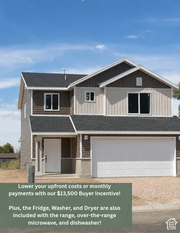Two-story exterior featuring multi-textured vertical and horizontal siding, an attached two-car garage, and a covered front entryway-Under Construction-Completion in November