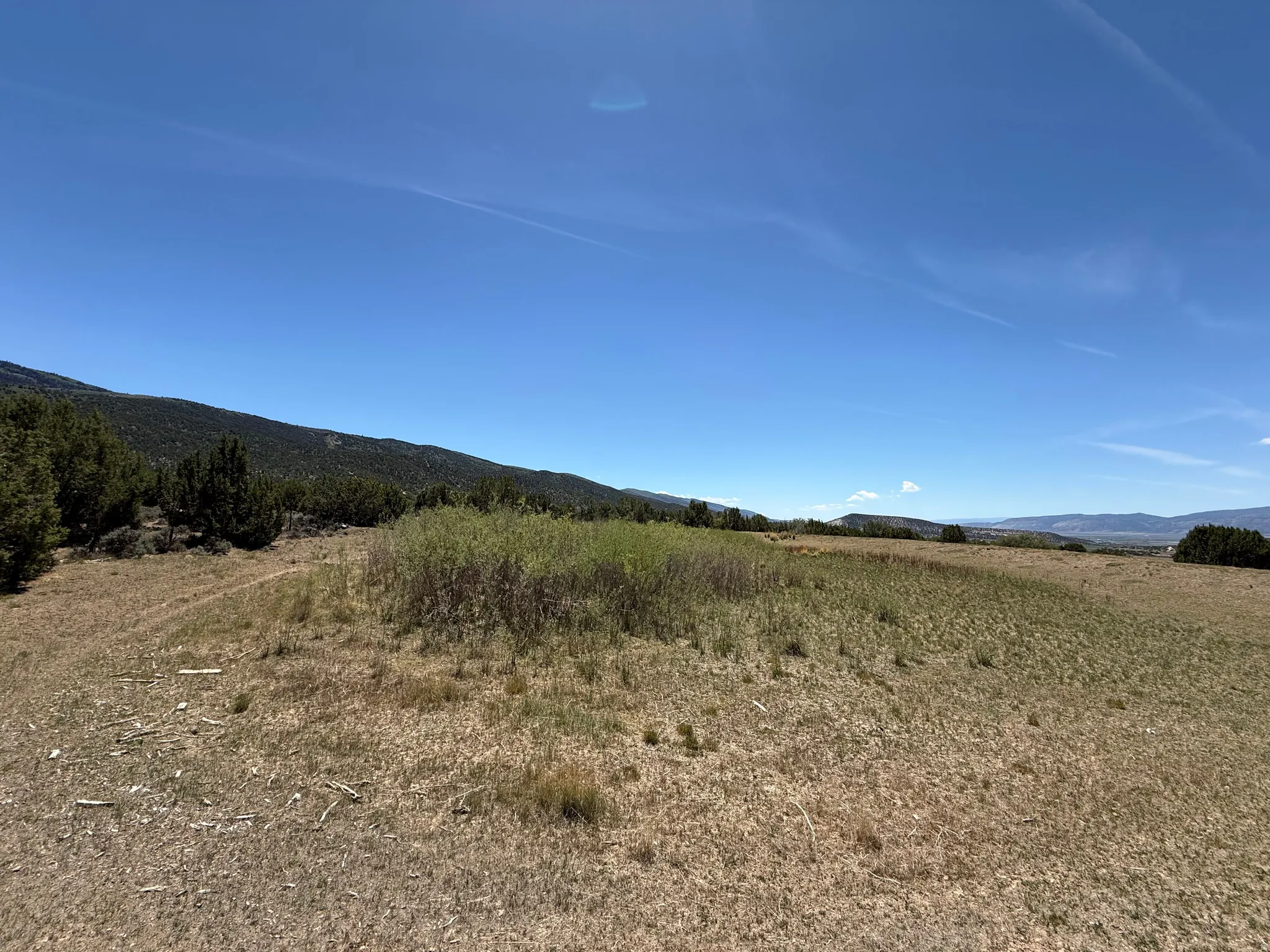 Expansive property featuring varied ground cover, distant mountain ranges, and a bright blue sky