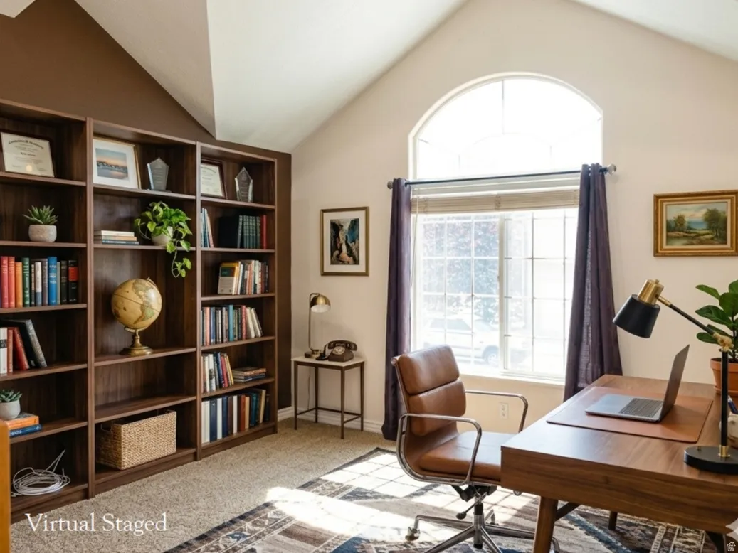 Office space featuring vaulted ceilings, an arched window, built-in shelving, and carpet flooring