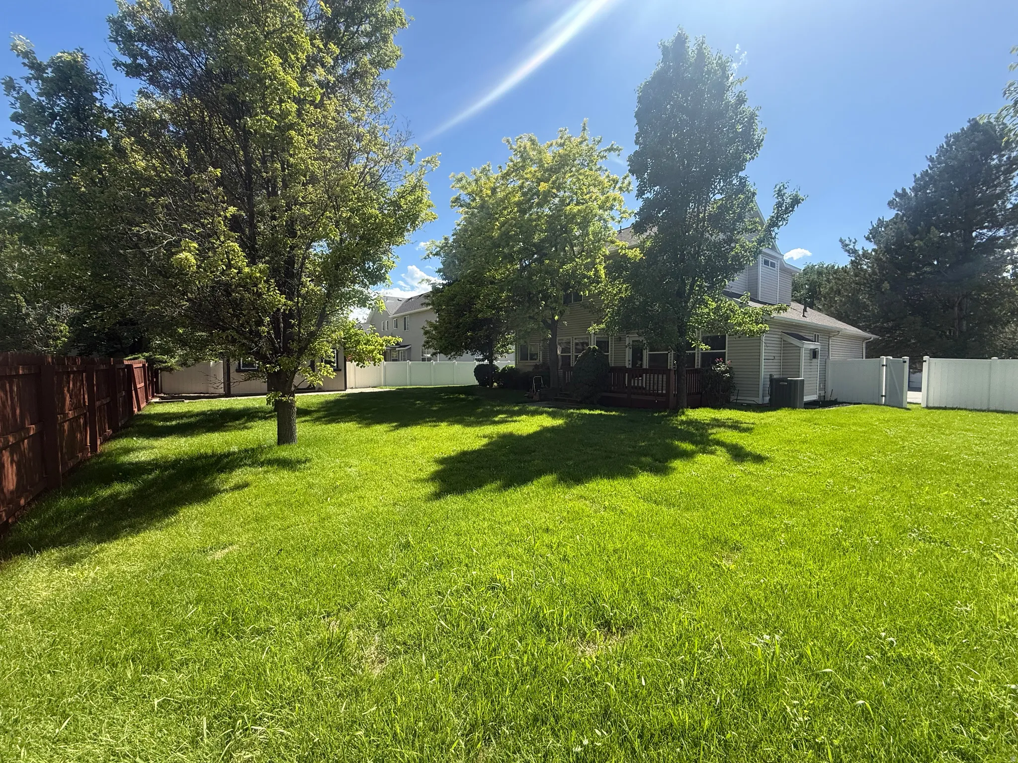 Expansive backyard featuring a manicured lawn, established trees, and a combination of wood and vinyl fencing