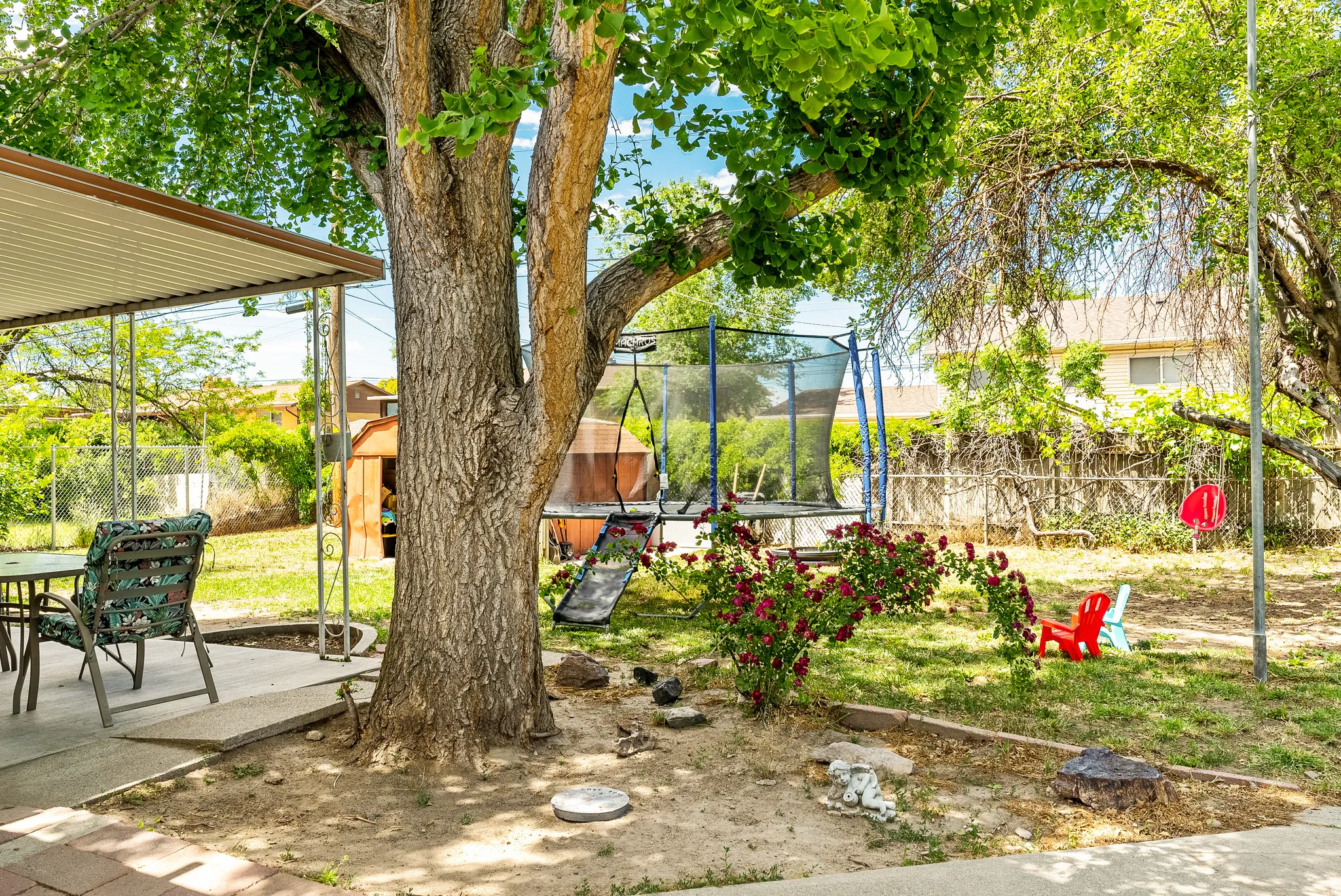 Spacious backyard featuring mature trees, a covered patio area with a hard surface base, and a storage shed