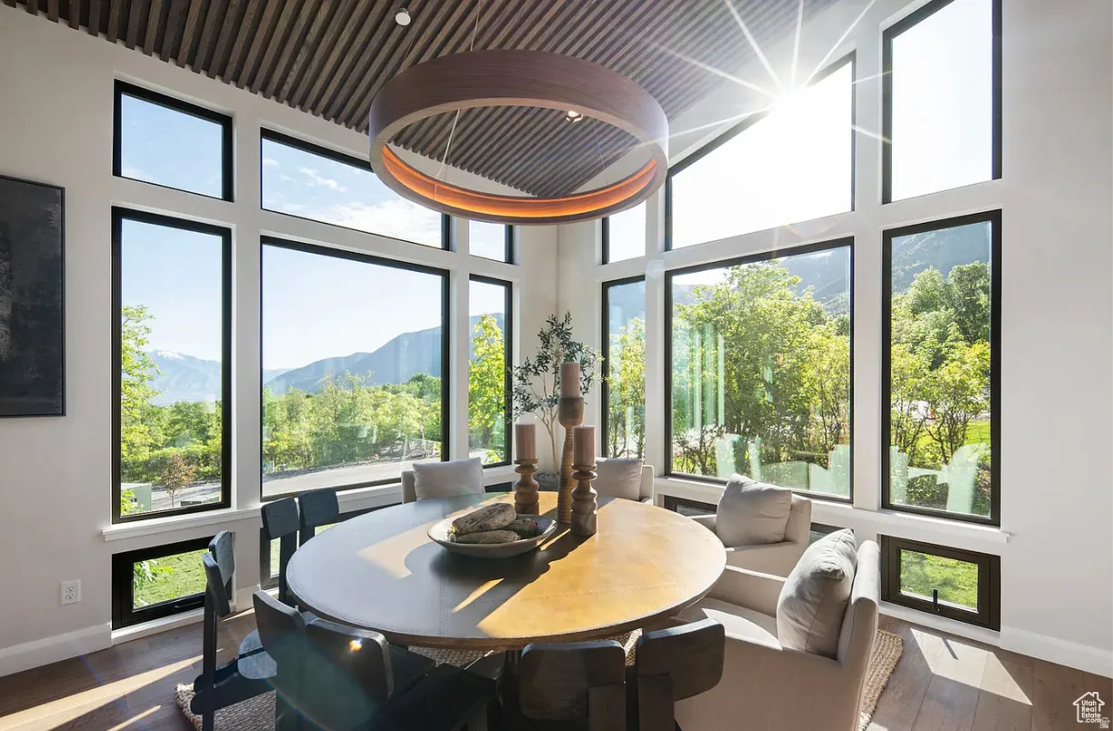 Soaring ceilings with wood slat accents