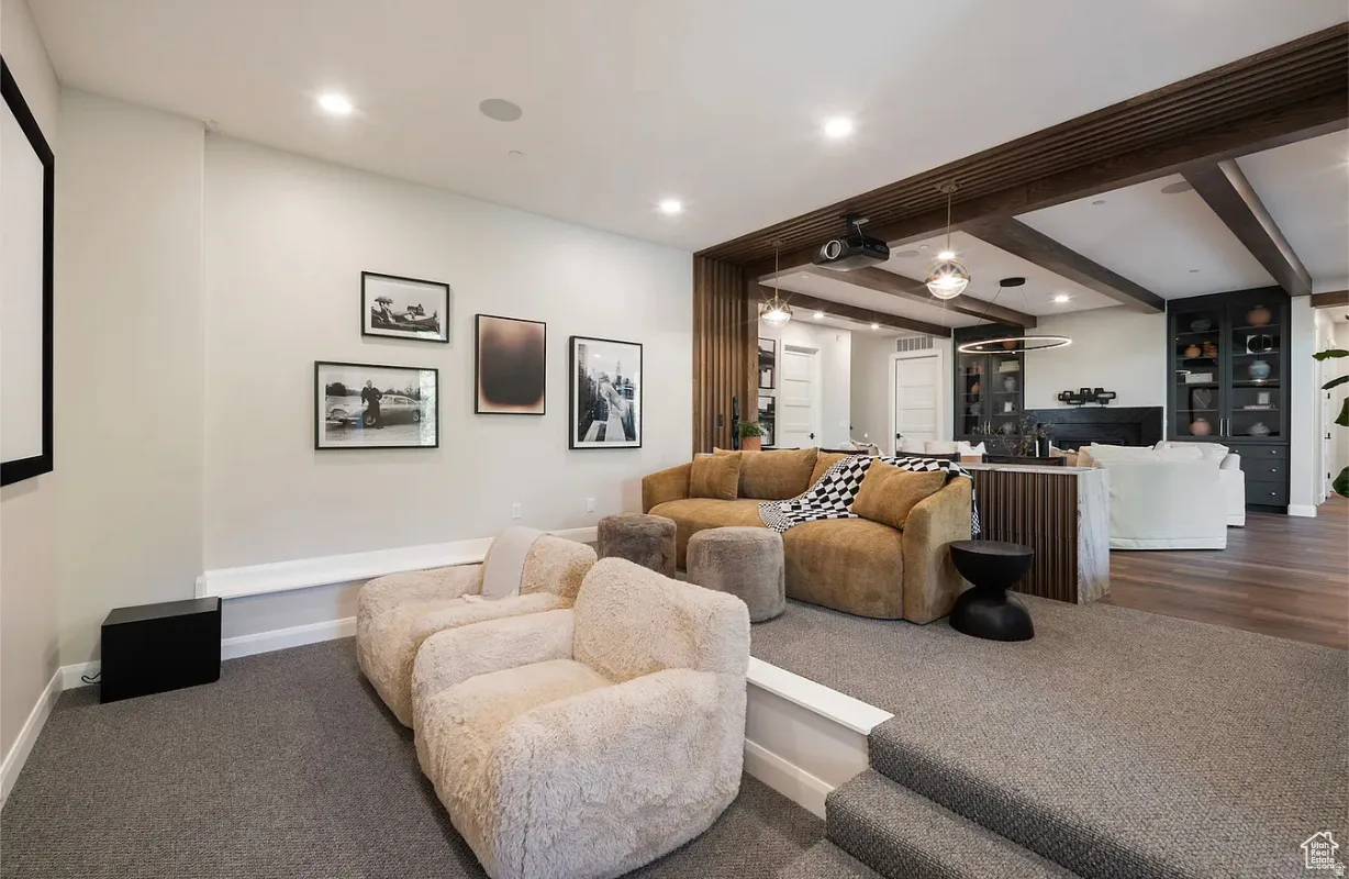 Tiered carpeted flooring leading to a projection screen