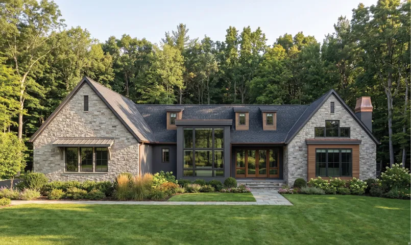 Stone and siding exterior with gabled roof lines