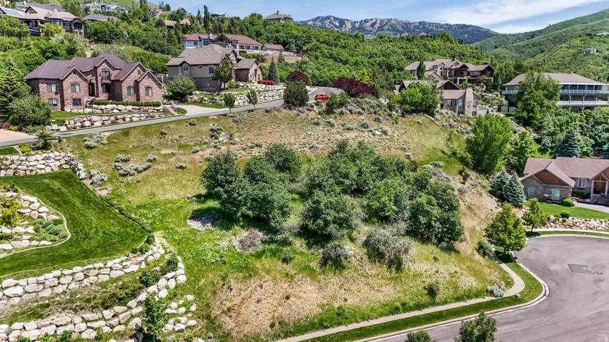 Elevated residential lot featuring terraced landscaping with stone retaining walls and mature trees
