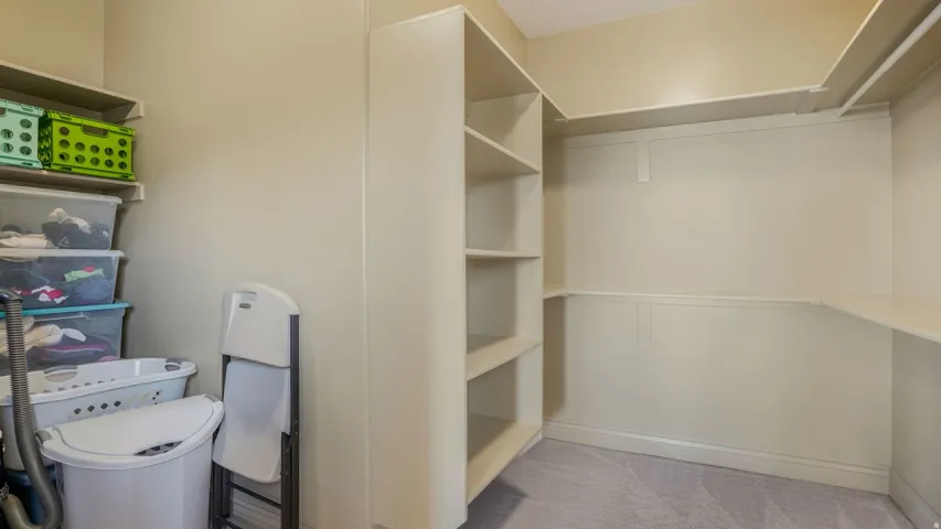Spacious walk-in closet featuring built-in shelving, hanging rods, and light-colored carpeting