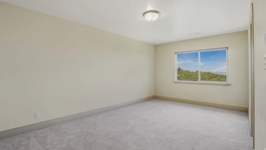 Spacious room featuring light-toned walls, gray carpet, and a window offering a scenic landscape