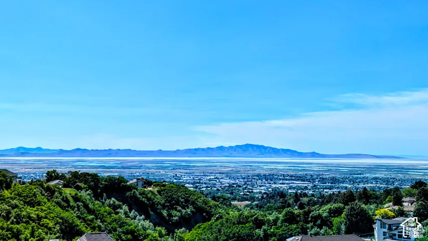 Expansive scenic landscape featuring distant mountains, a large body of water, and a residential area with varied rooflines