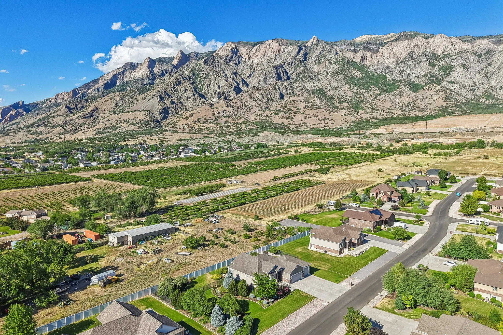 Expansive aerial perspective showcasing a residential neighborhood with mountain backdrop and blooming peach orchards in the spring