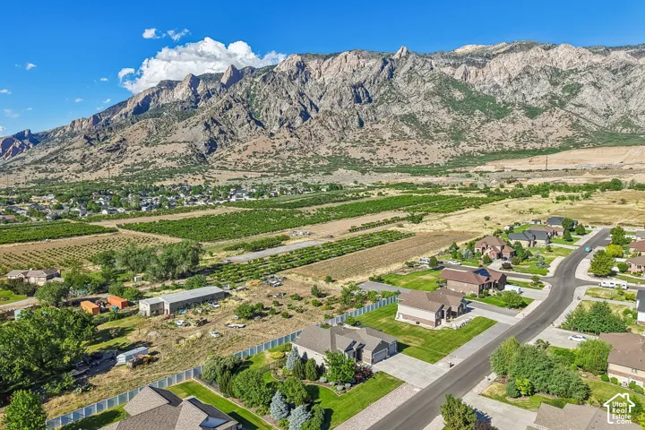 Expansive aerial perspective showcasing a residential neighborhood with mountain backdrop and blooming peach orchards in the spring