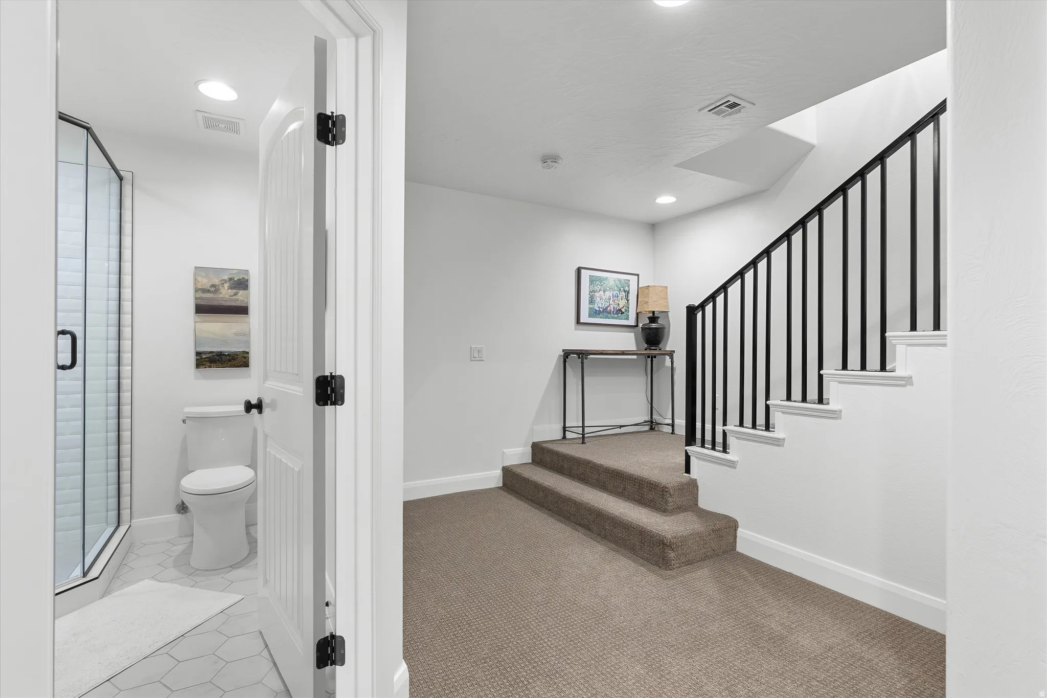 Carpeted staircase with black metal balusters and white risers