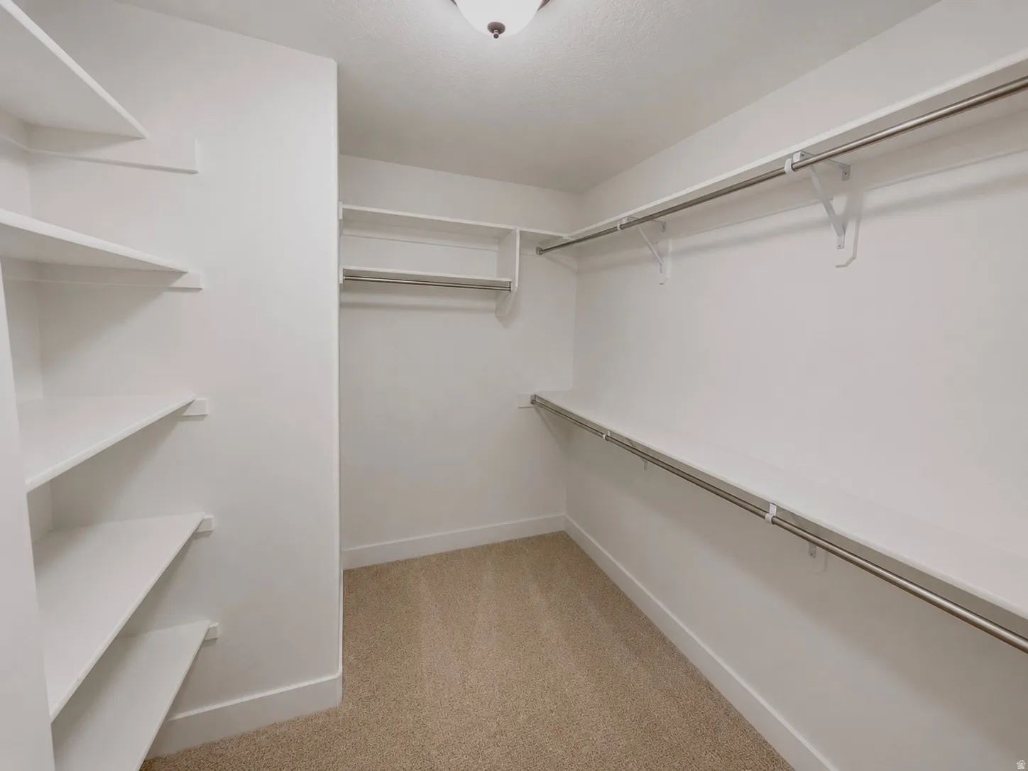Walk-in closet featuring built-in shelving, white walls, carpet flooring, and clothing rods