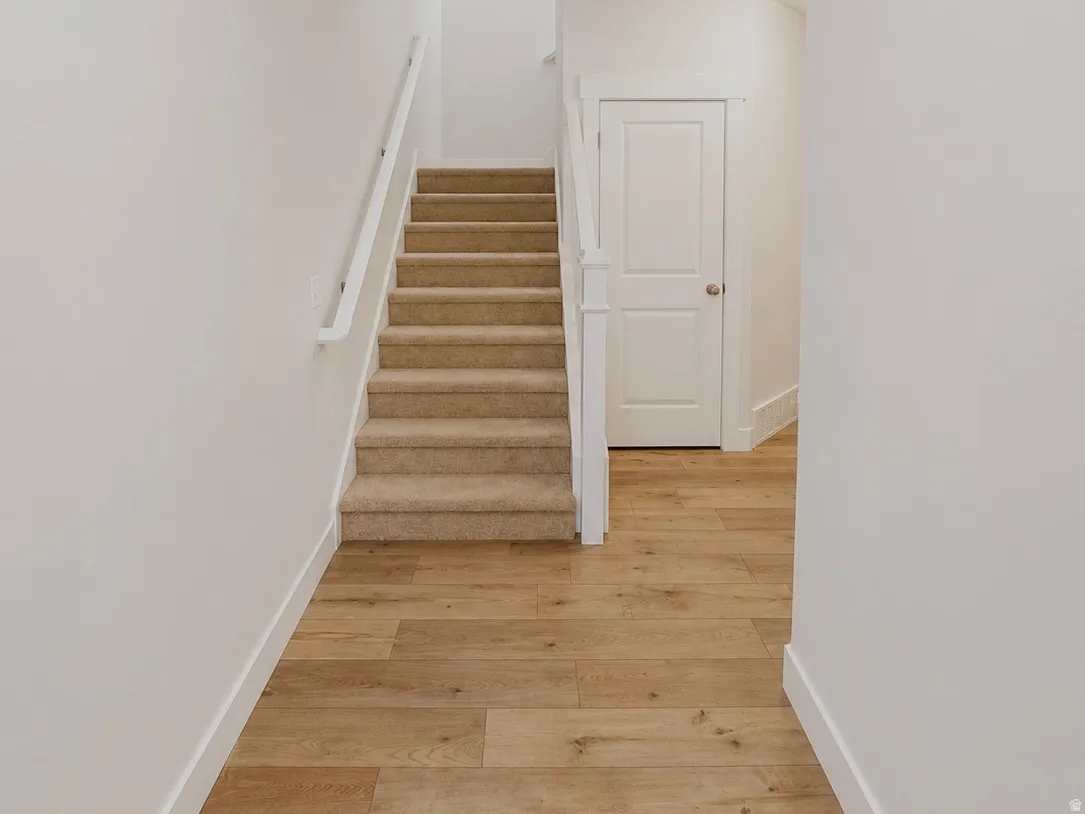 Carpeted staircase featuring a white handrail, wood-finish flooring, white baseboards, and a paneled interior door with a silver-tone knob