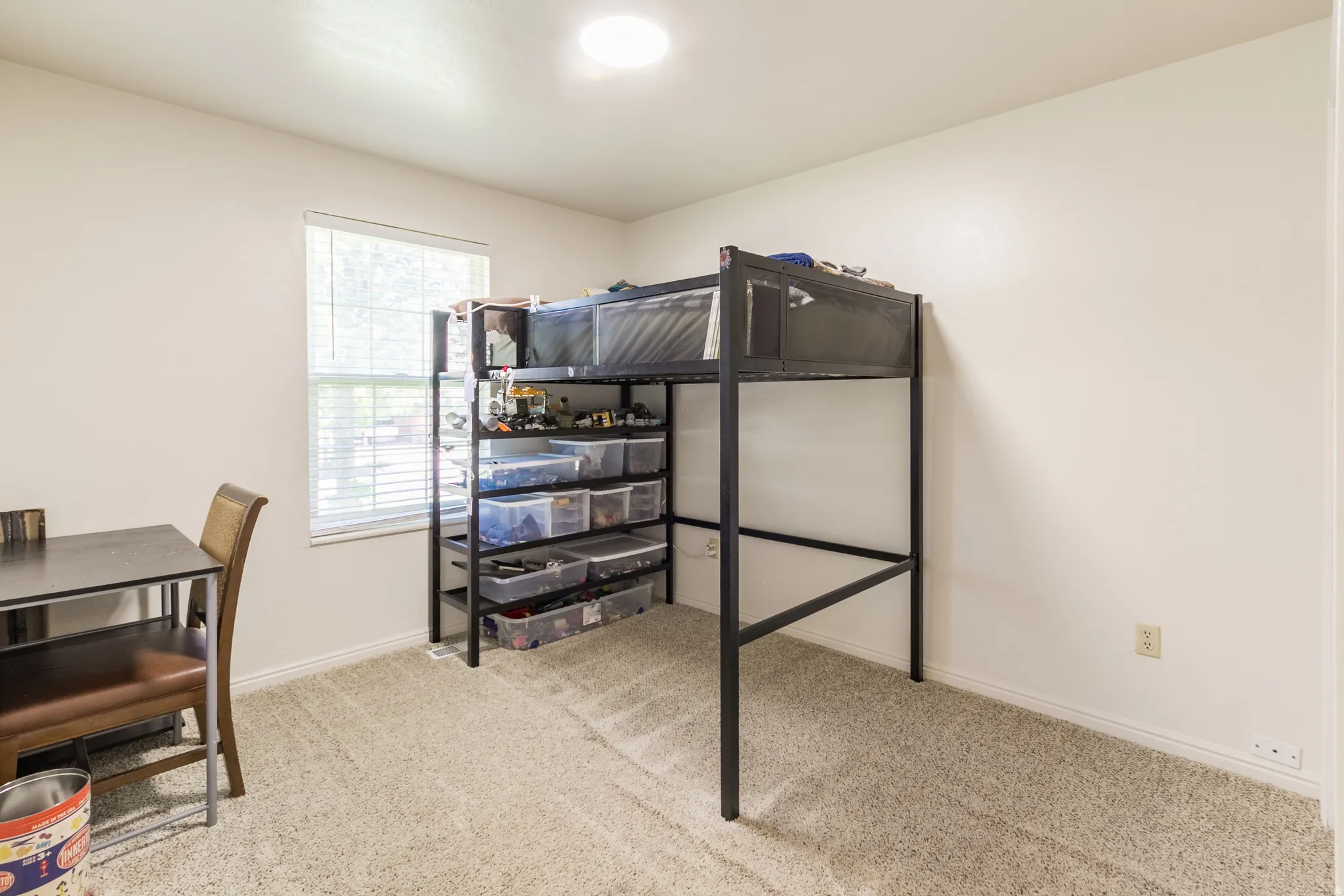 Neutral wall paint, carpet flooring, a single window with blinds, and a flush-mount ceiling light fixture