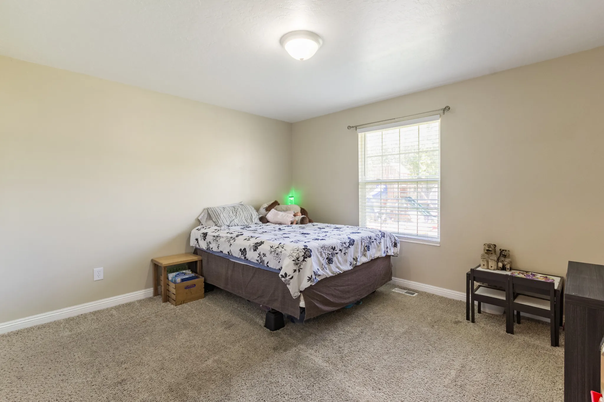 Carpeted room featuring a single window with blinds, neutral-toned walls, and a ceiling-mounted light fixture