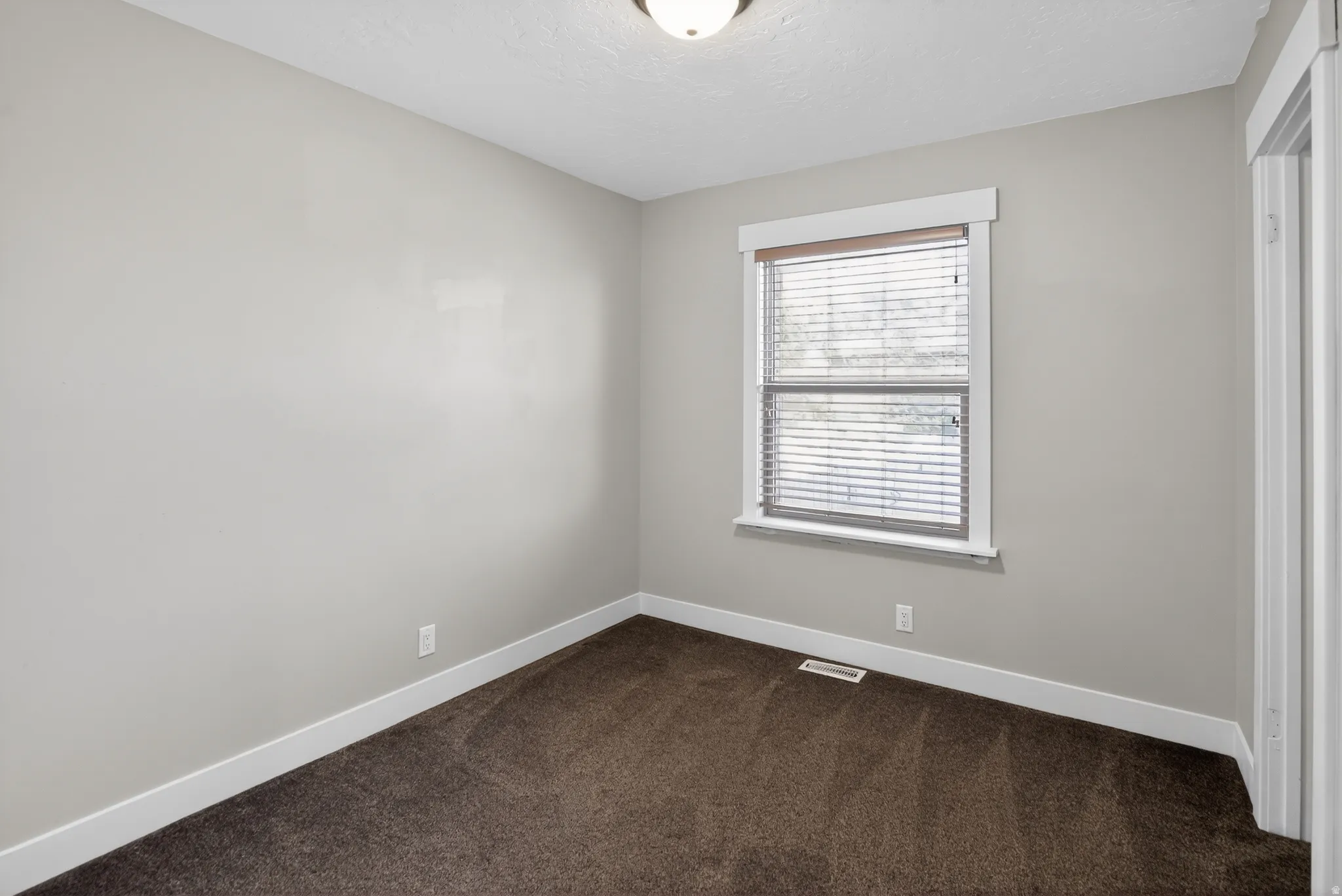 Neutral-toned room featuring a single window with blinds, dark carpet flooring, white baseboards, and a ceiling-mounted light fixture