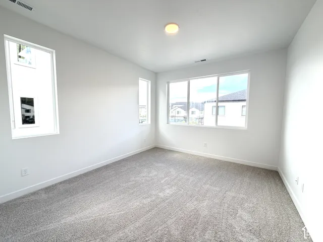 Light gray carpeting, white walls, multiple windows providing natural illumination, ceiling-mounted light fixture, and white trim