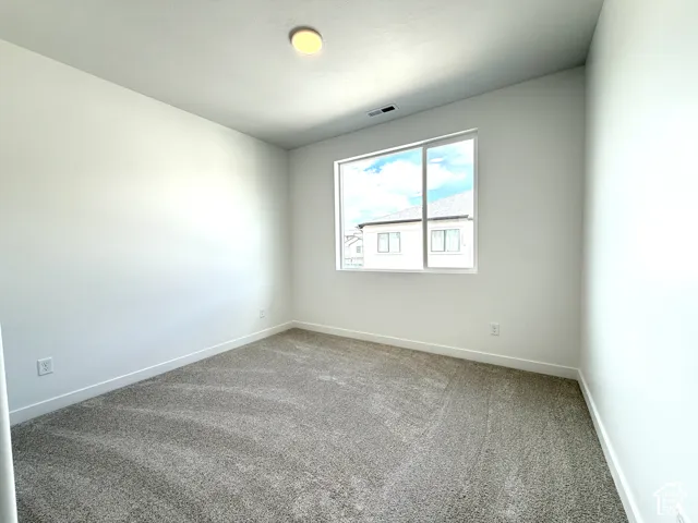 Neutral wall paint, plush carpeting, contemporary window, and a ceiling-mounted light fixture