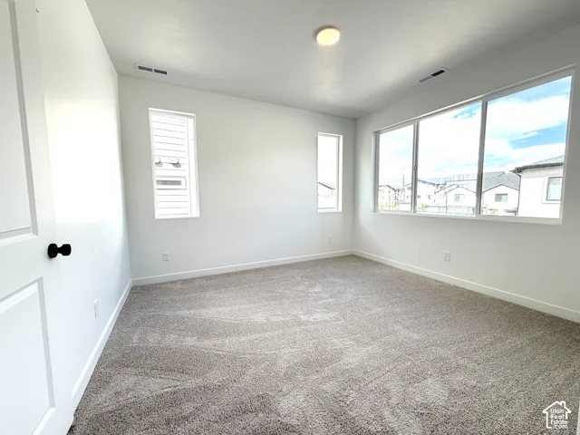 Light-colored carpeting, multiple large windows, flush-mount ceiling light, white interior door with black hardware, and crisp white walls