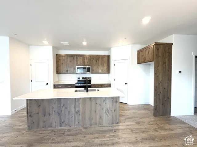Kitchen featuring a large island with white countertop, wood-finish flooring, stainless steel appliances, and wood cabinetry