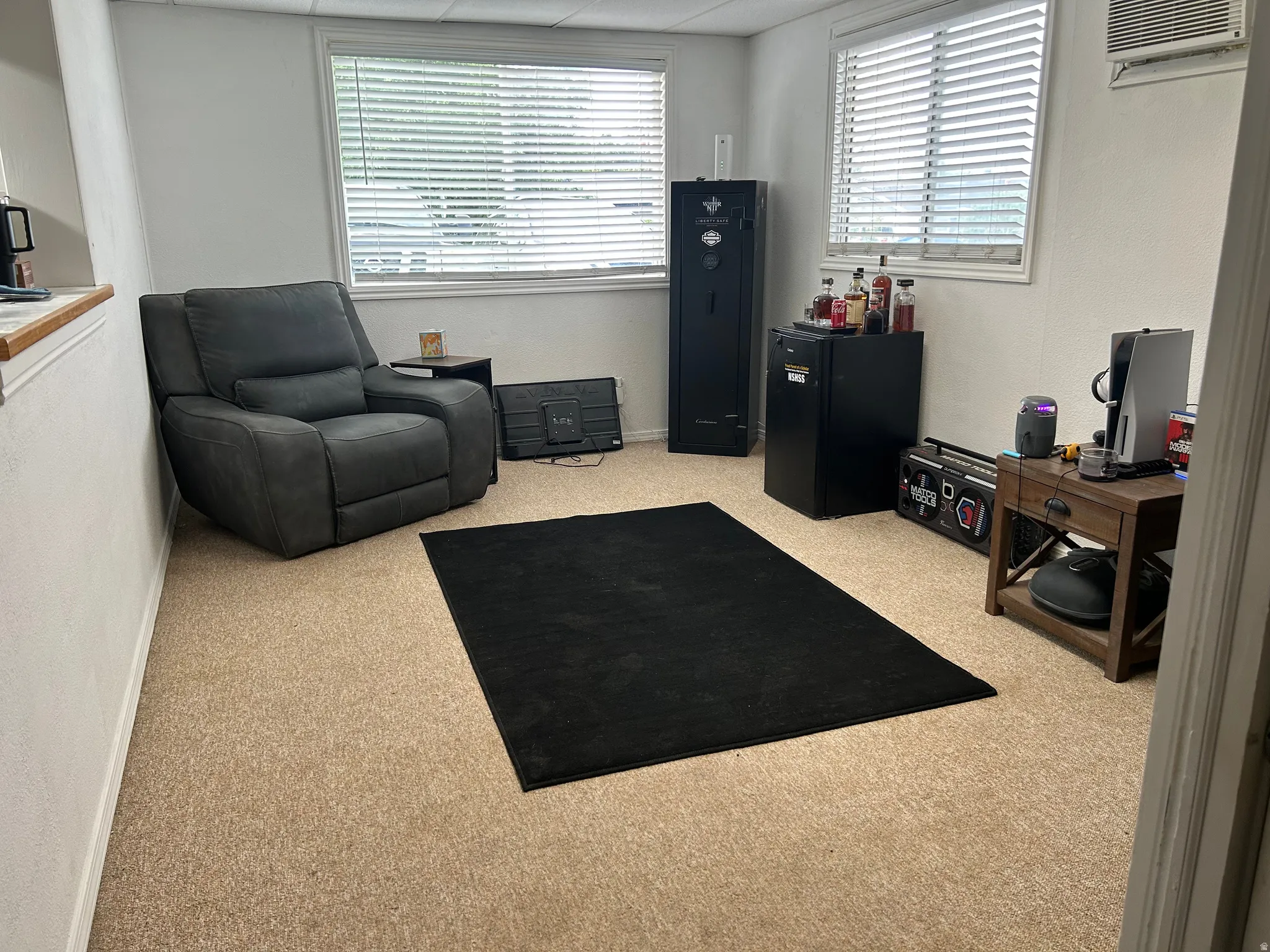 Room with light-colored carpet flooring, white walls, and two windows featuring horizontal blinds