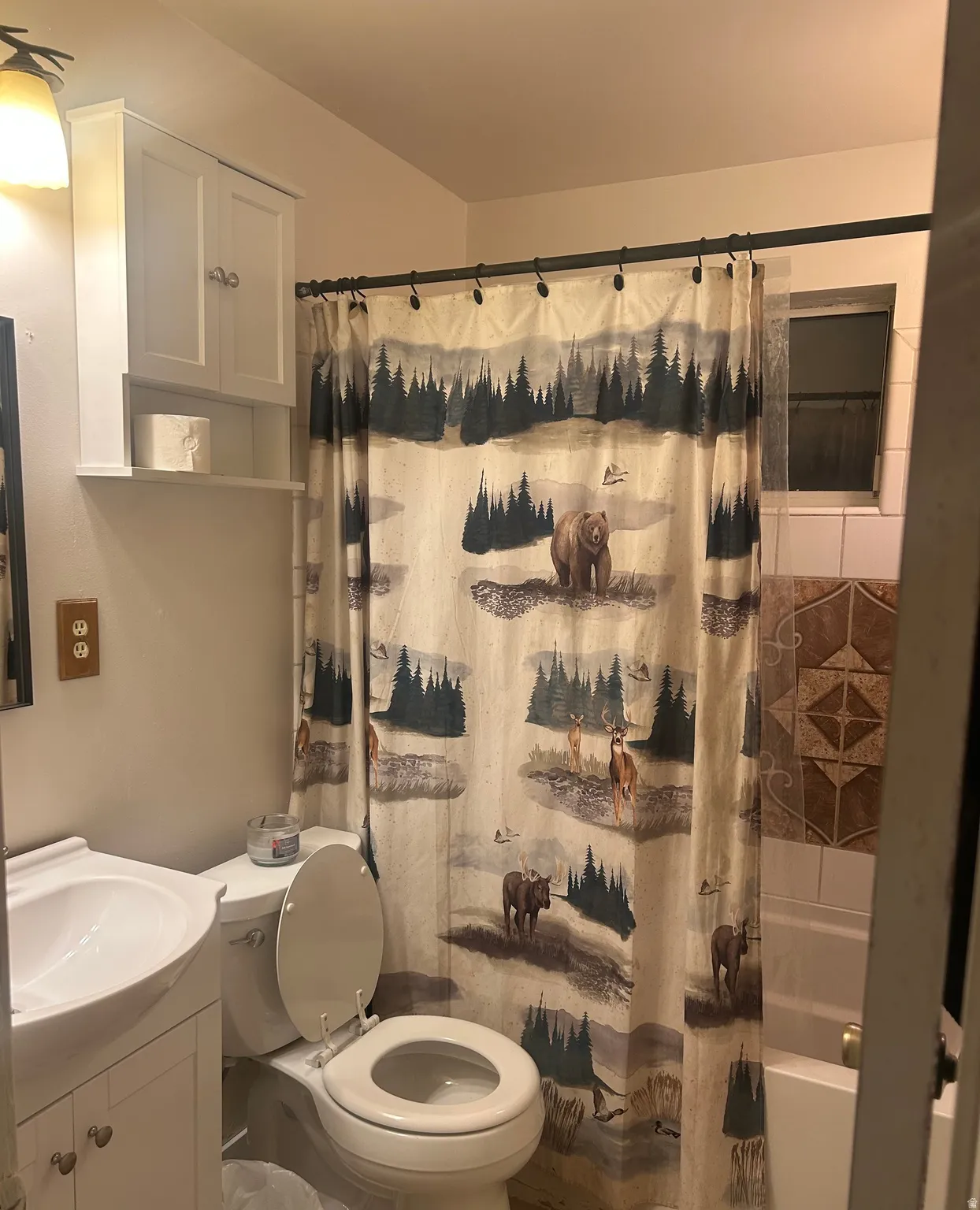 Bathroom featuring a white toilet, white vanity with integrated sink, and built-in white cabinetry above the toilet