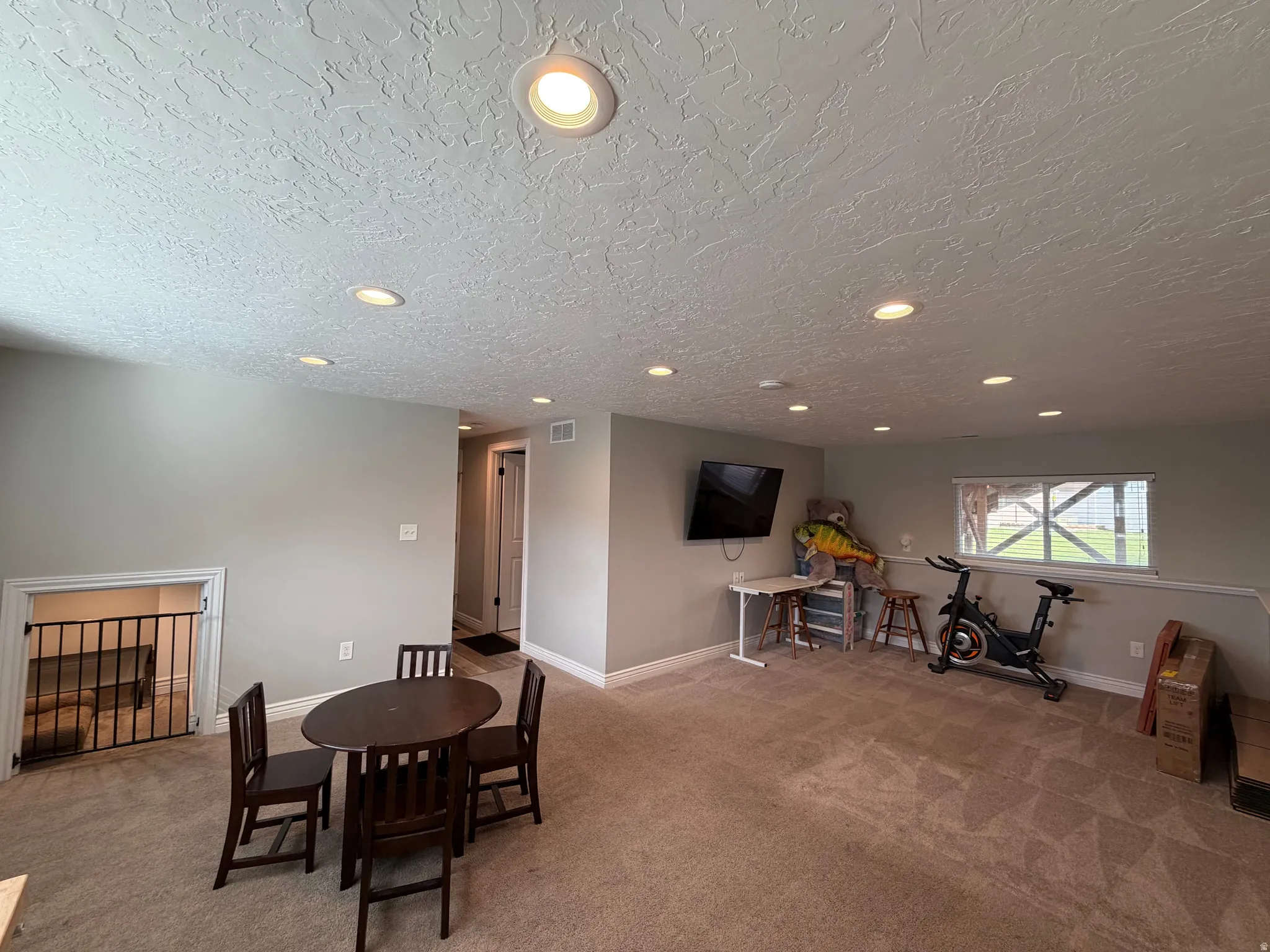 Spacious carpeted room featuring recessed lighting, a neutral paint palette, and a visible window allowing natural light