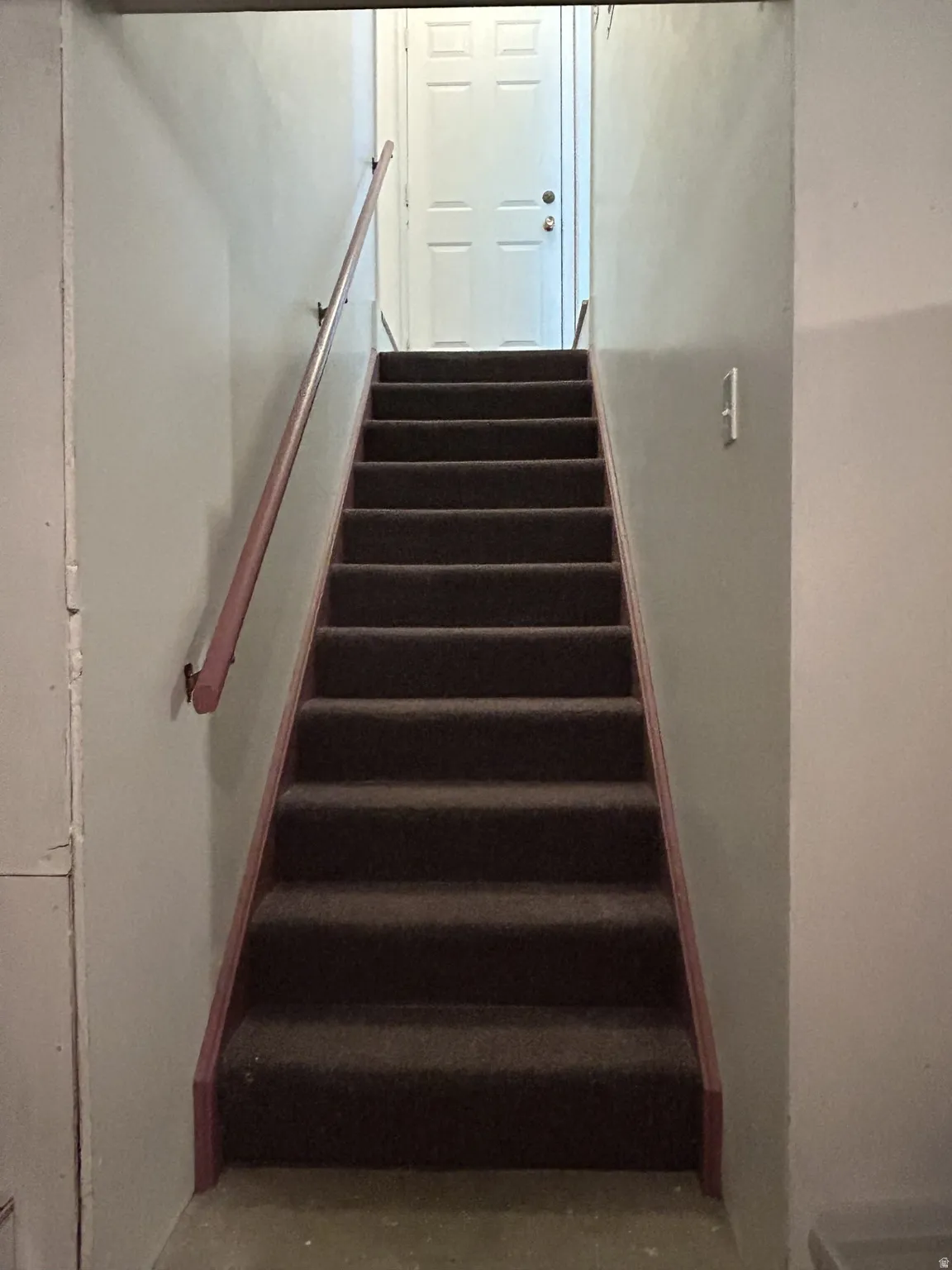 Carpeted staircase featuring a wooden handrail and light-toned wall finishes