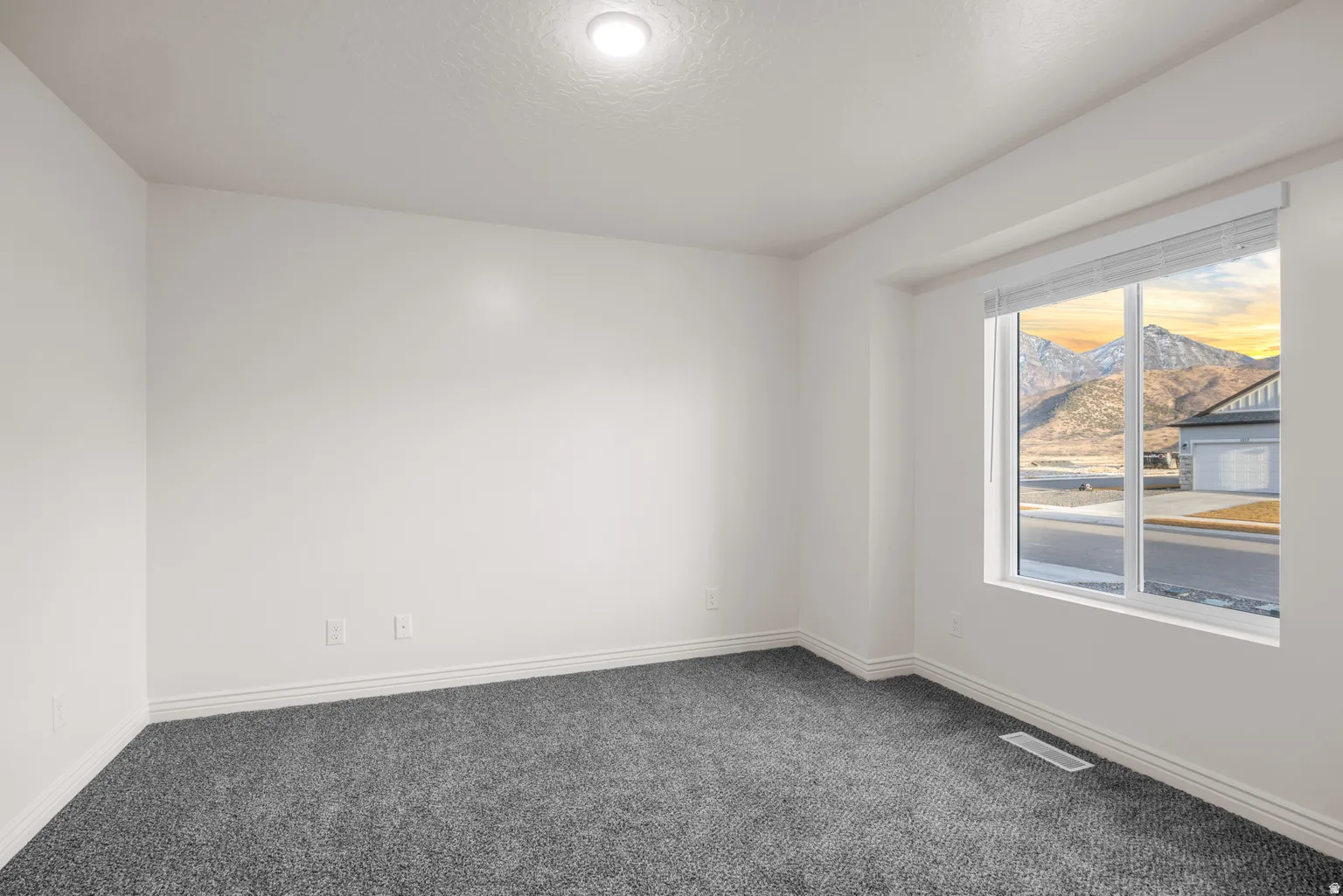 Bright room featuring a large window with mountain scenery, white walls, gray carpeting, white baseboards, and an overhead light fixture