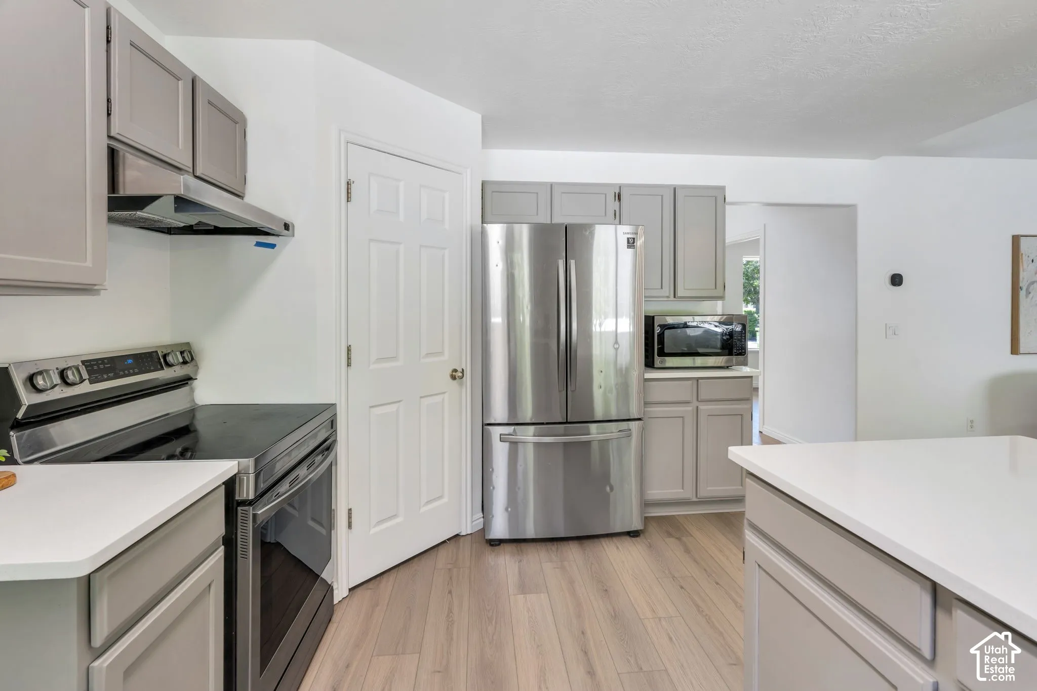 Kitchen featuring light wood-finish flooring, light gray cabinetry, white countertops, and stainless steel appliances
