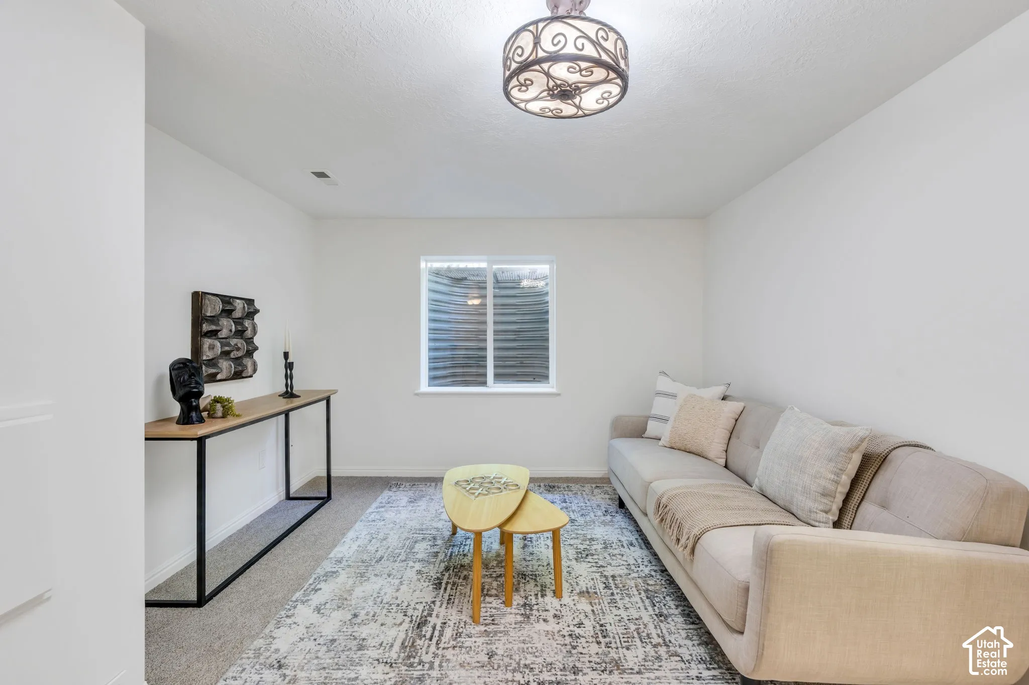 Recessed window featuring horizontal blinds
