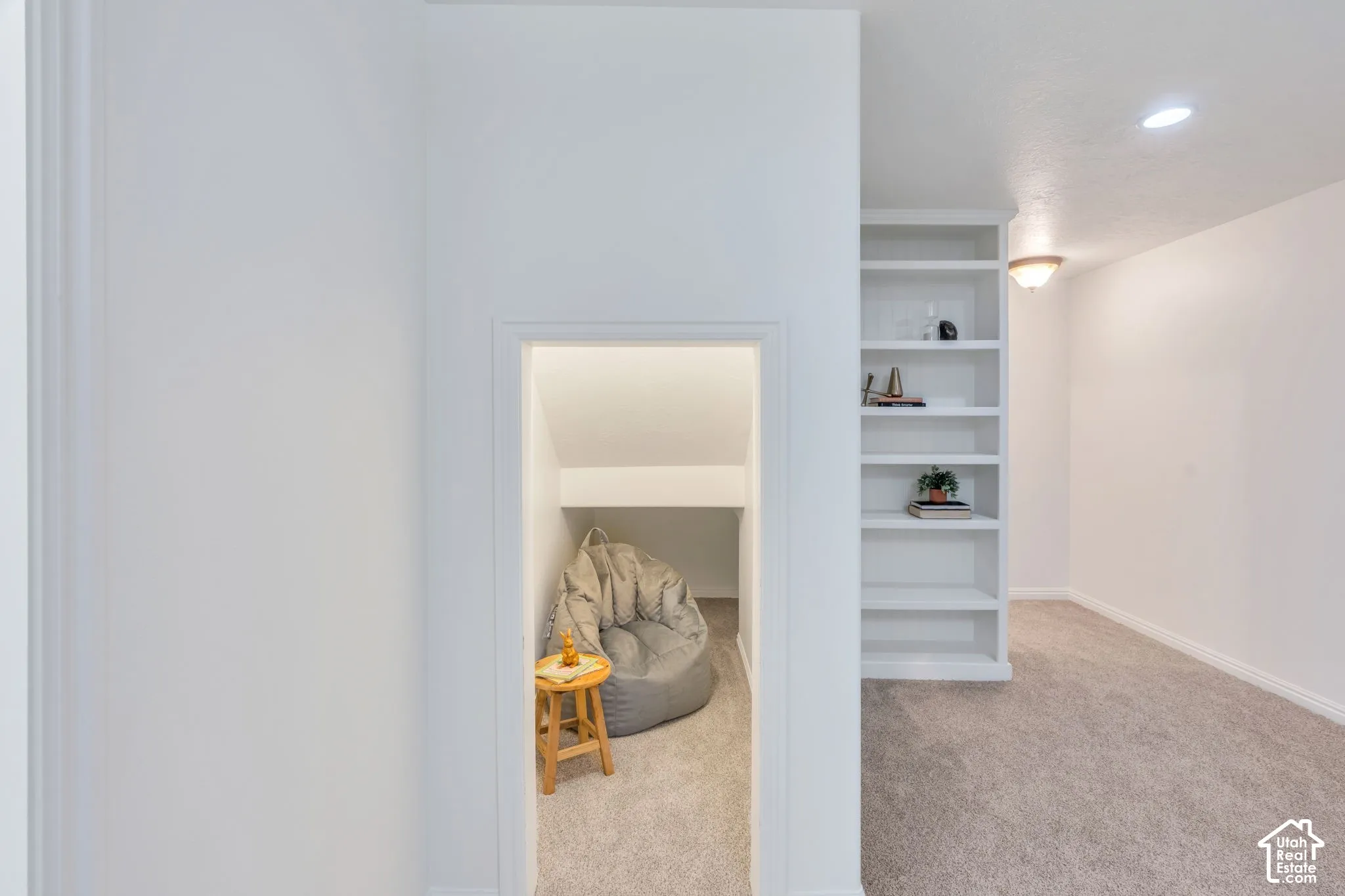 Built-in shelving unit with recessed lighting, complemented by a separate alcove with plush carpeting