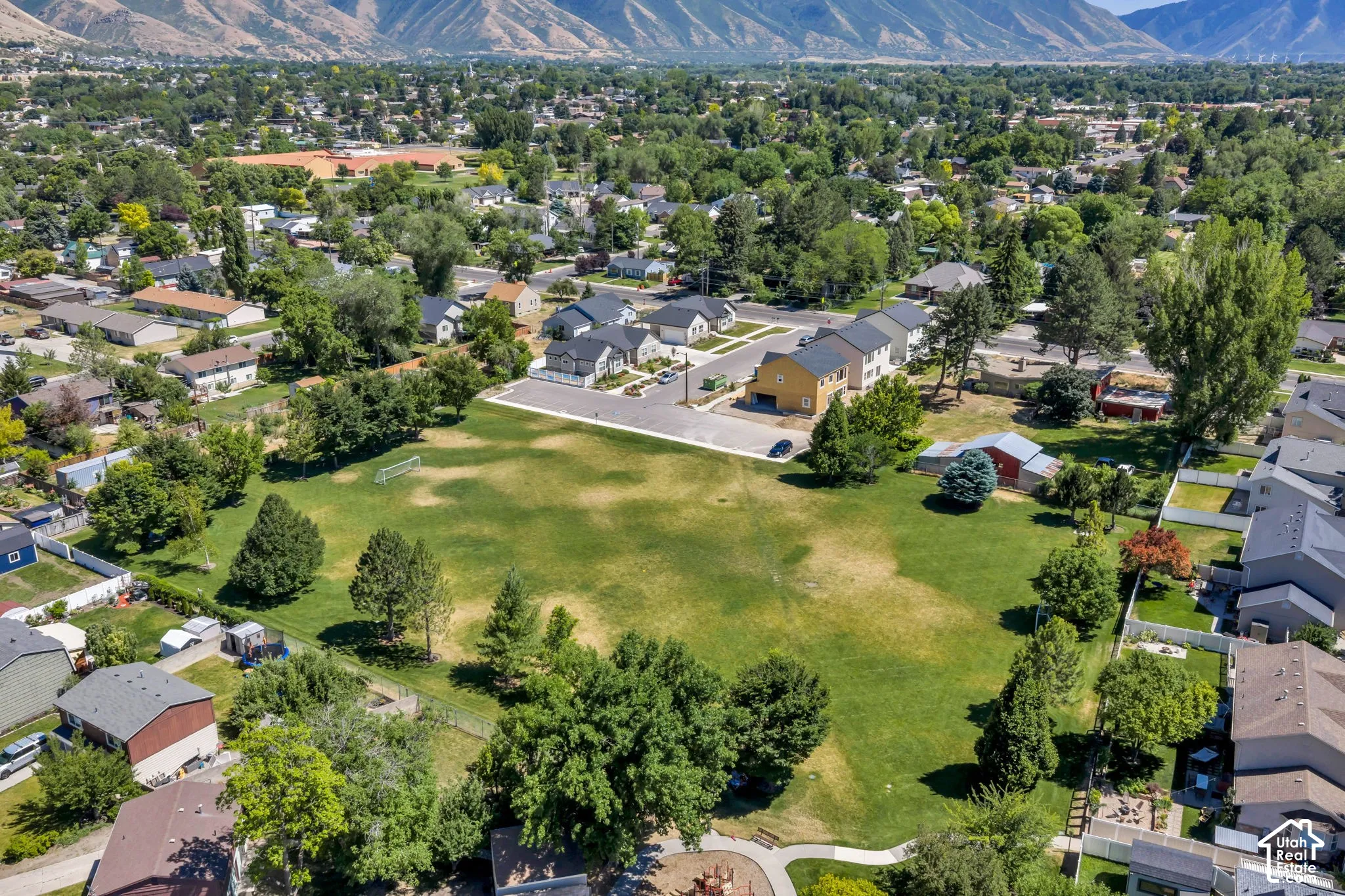 Expansive green space featuring mature trees and a soccer goal, surrounded by residential properties and distant mountains
