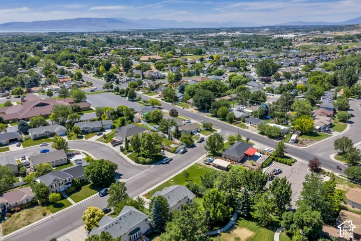 Expansive neighborhood featuring mature trees, residential streets, and a distant mountain range