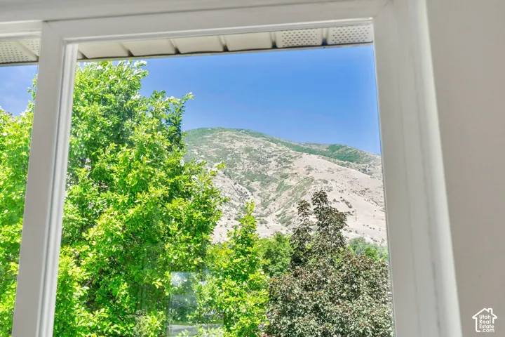 White window frame showcasing a mountain backdrop and lush green trees