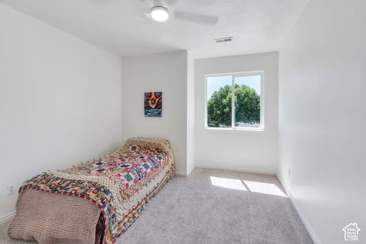 Light-filled room featuring a double-pane window, neutral carpet flooring, white walls, a ceiling fan, and white trim