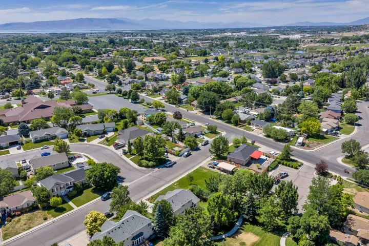 Expansive neighborhood featuring mature trees, residential streets, and a distant mountain range