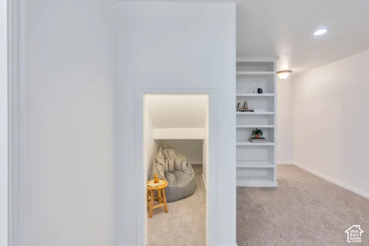 Built-in shelving unit with recessed lighting, complemented by a separate alcove with plush carpeting