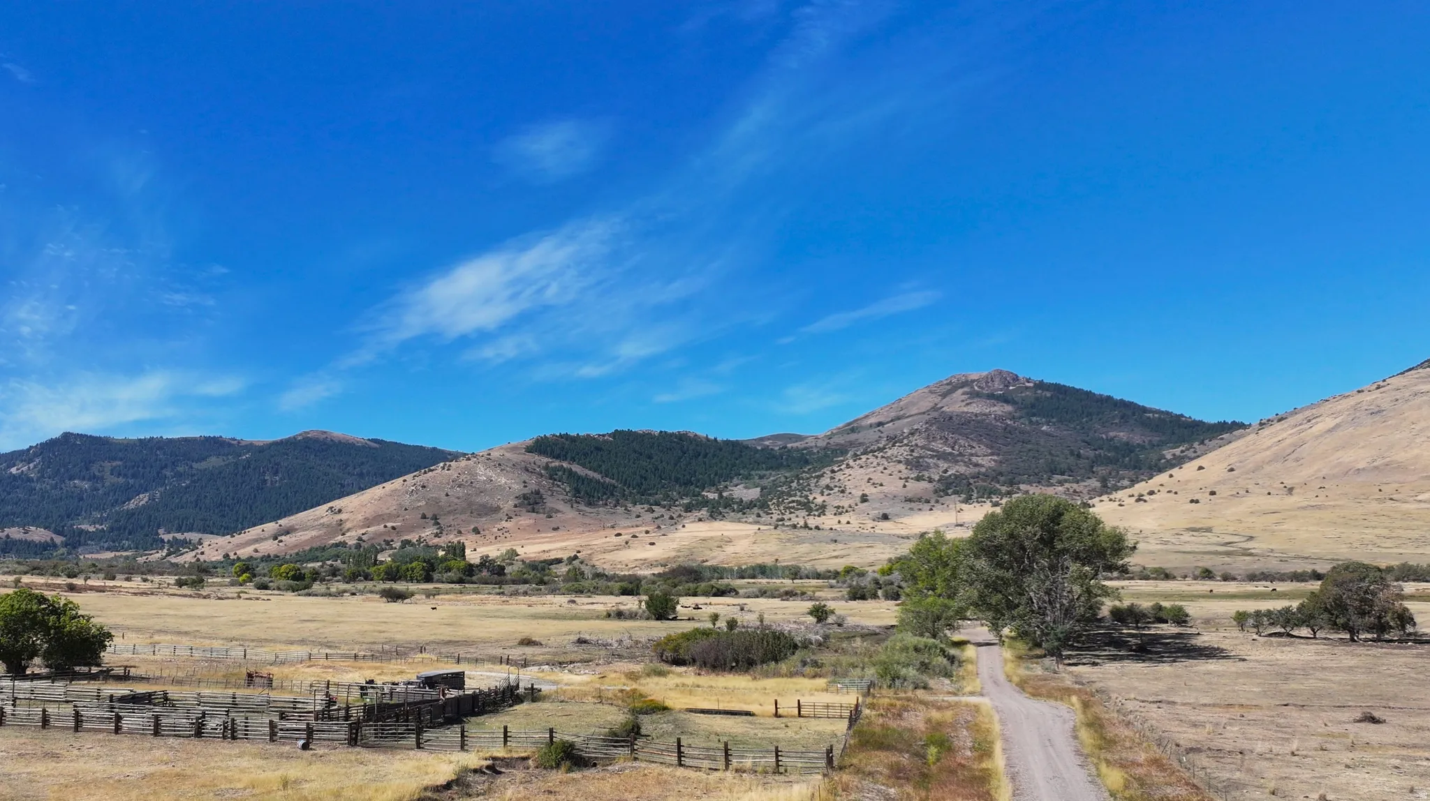 Expansive rural landscape featuring a dirt road, mature trees, mountain backdrop, and a fenced enclosure