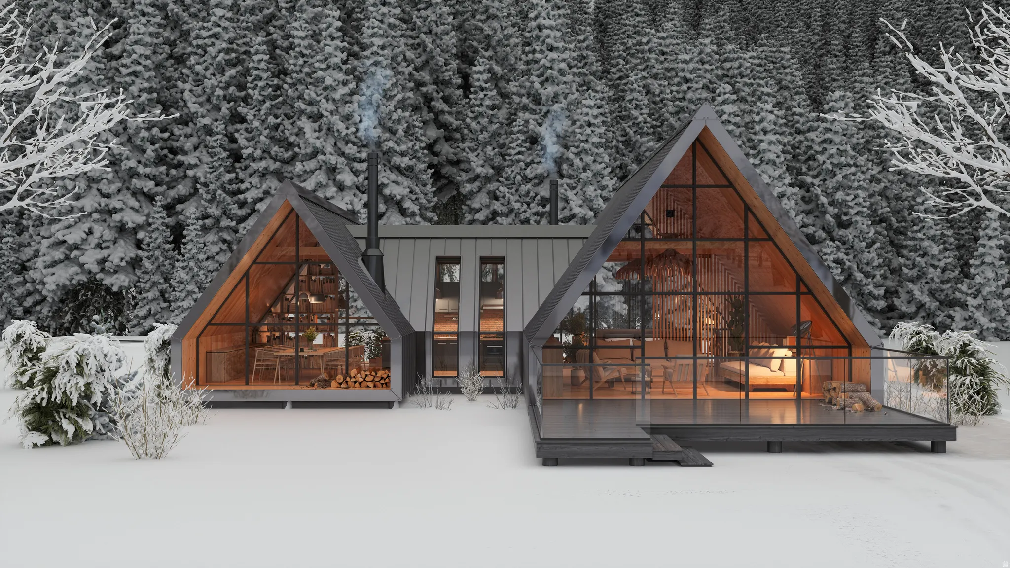 Modern A-frame architecture with a prominent glass facade