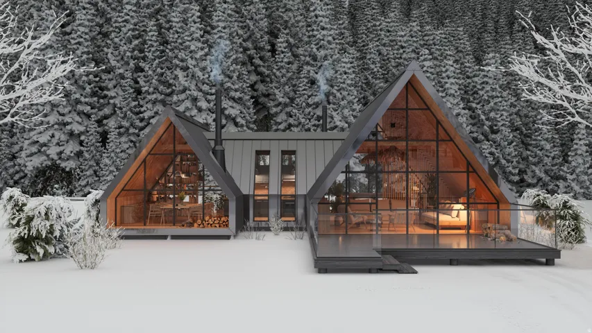 Modern A-frame architecture with a prominent glass facade