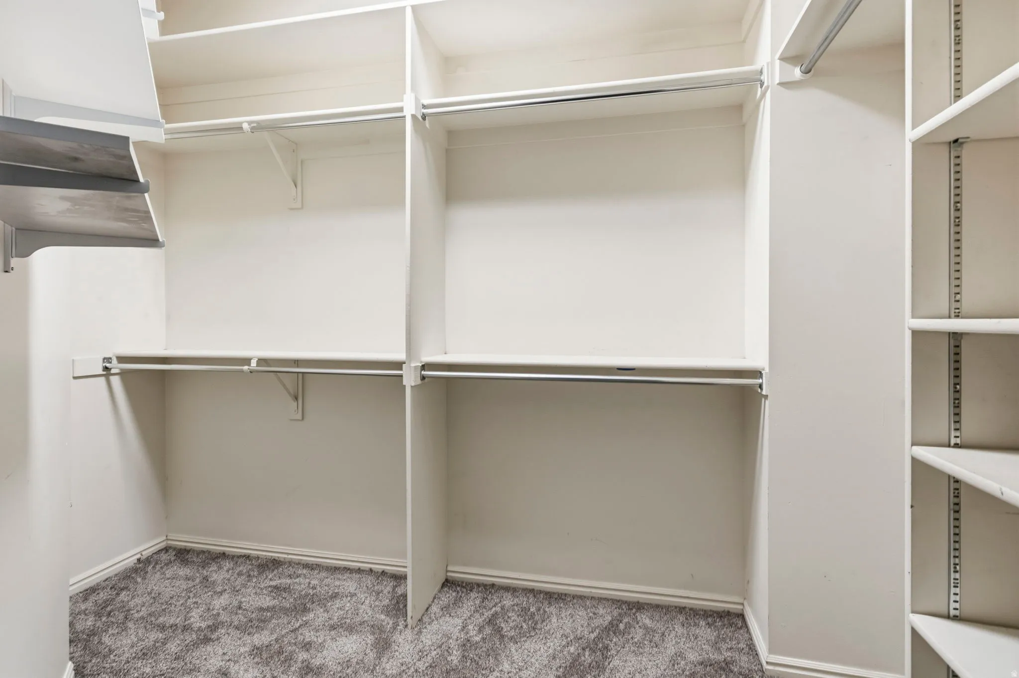Built-in shelving and hanging rods, adjustable shelving system, wood-finish shelving, and carpeted flooring