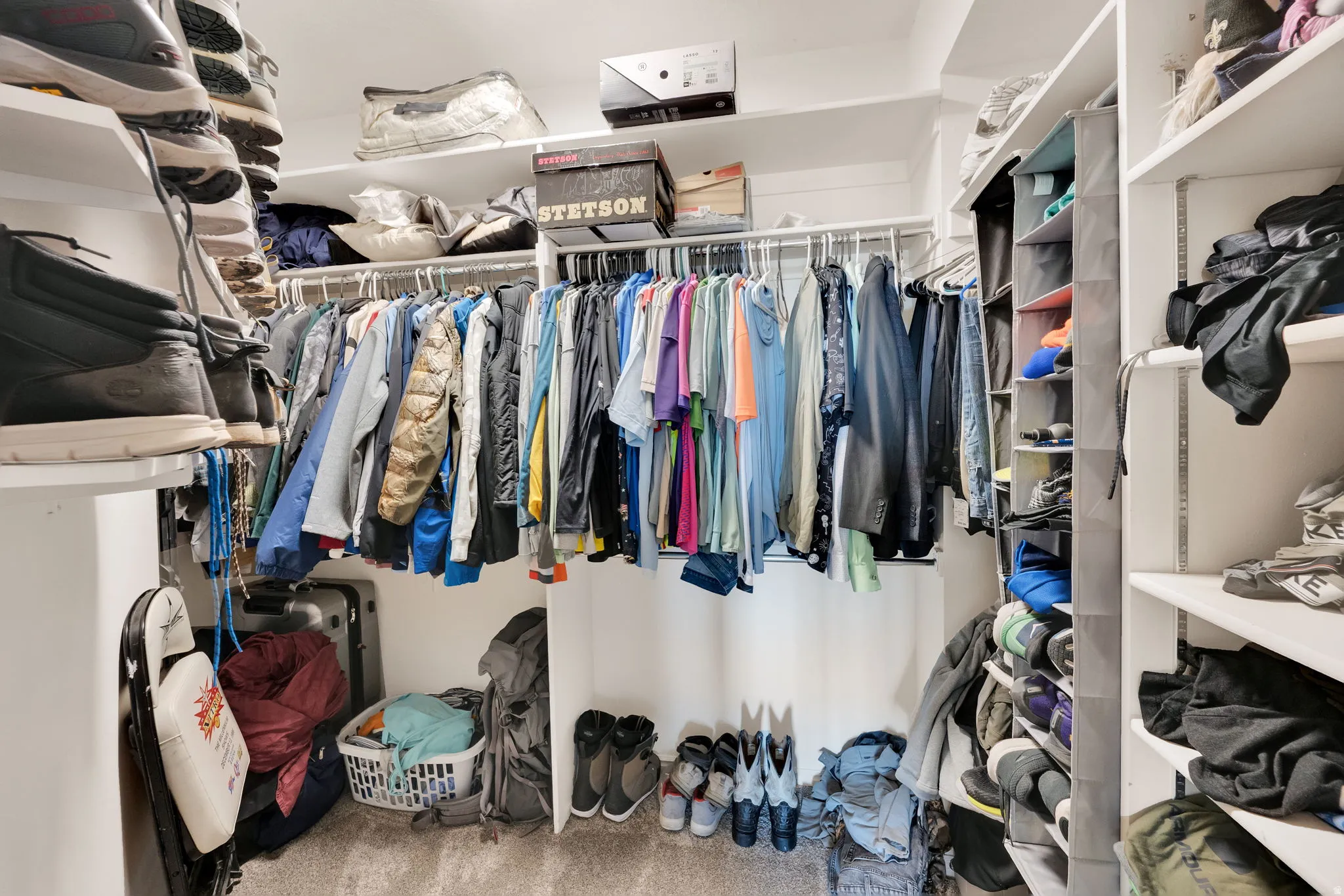 Spacious walk-in closet featuring extensive built-in shelving, multiple hanging rods, and carpet flooring