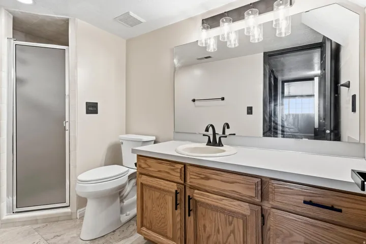 Frosted glass shower enclosure, wood-finish vanity with dark hardware, integrated sink, and a multi-bulb vanity light fixture