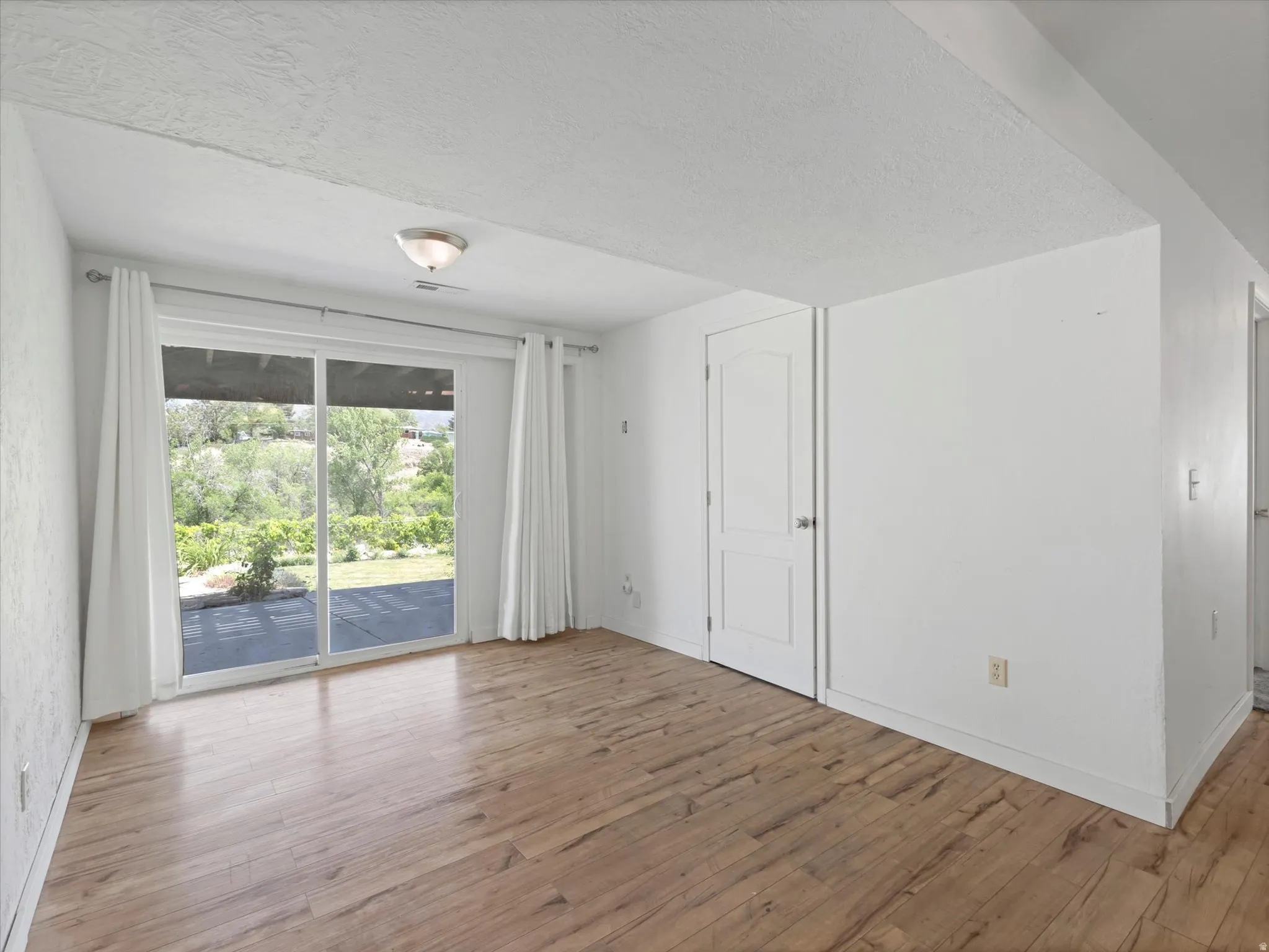 Room featuring wood-finish flooring, a sliding glass door with exterior access, and a semi-flush ceiling light fixture