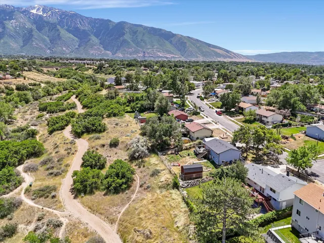Aerial perspective showcasing residential properties with mountain scenery