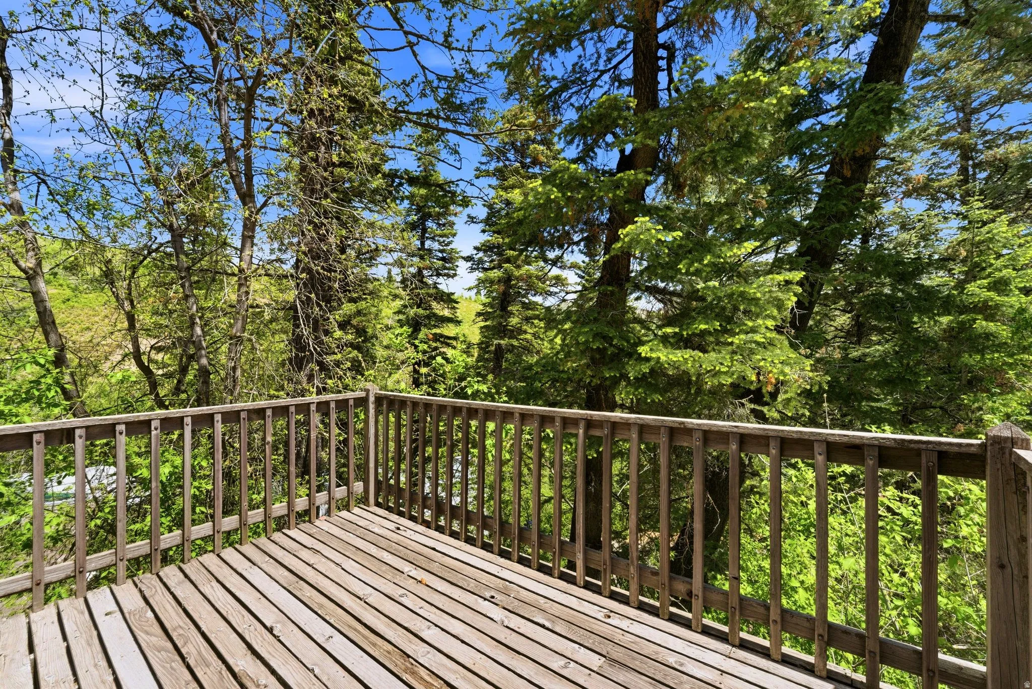 Expansive wood deck with natural wood railing overlooking a lush, wooded landscape