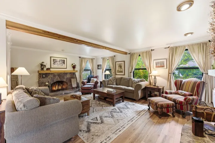 Living area with wood-finish flooring and a stone-clad fireplace